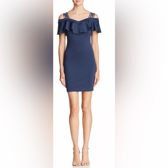 Guess Edrea Ruffled Cold Shoulder Dress Bodycon Navy Blue Size Large NWOT - Picture 1 of 12